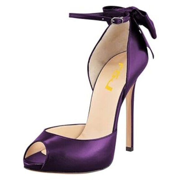 FSJ Purple Women Stiletto High Heels Sandals Peep Toe Pumps Ankle Straps Bows - Picture 1 of 8
